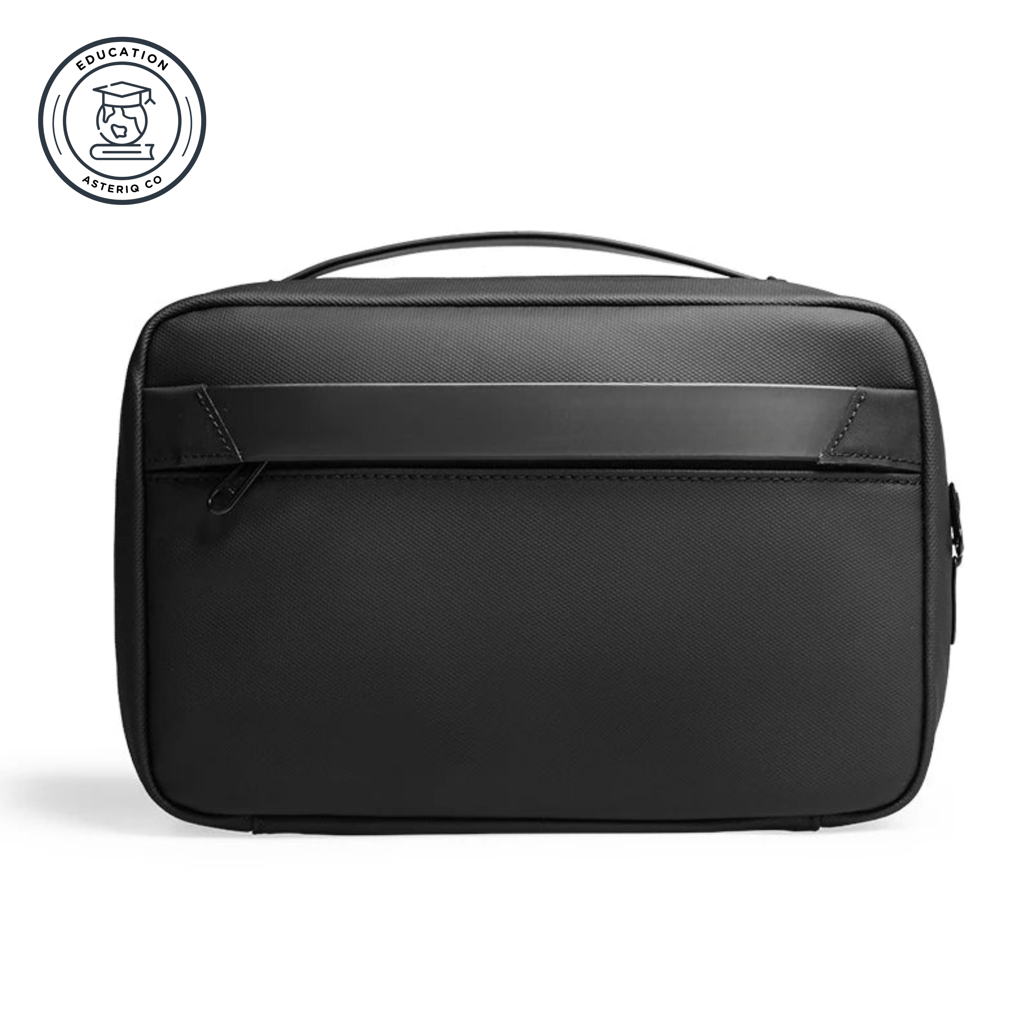 Compact black toiletry bag with handle and front zipper pocket for organized travel.