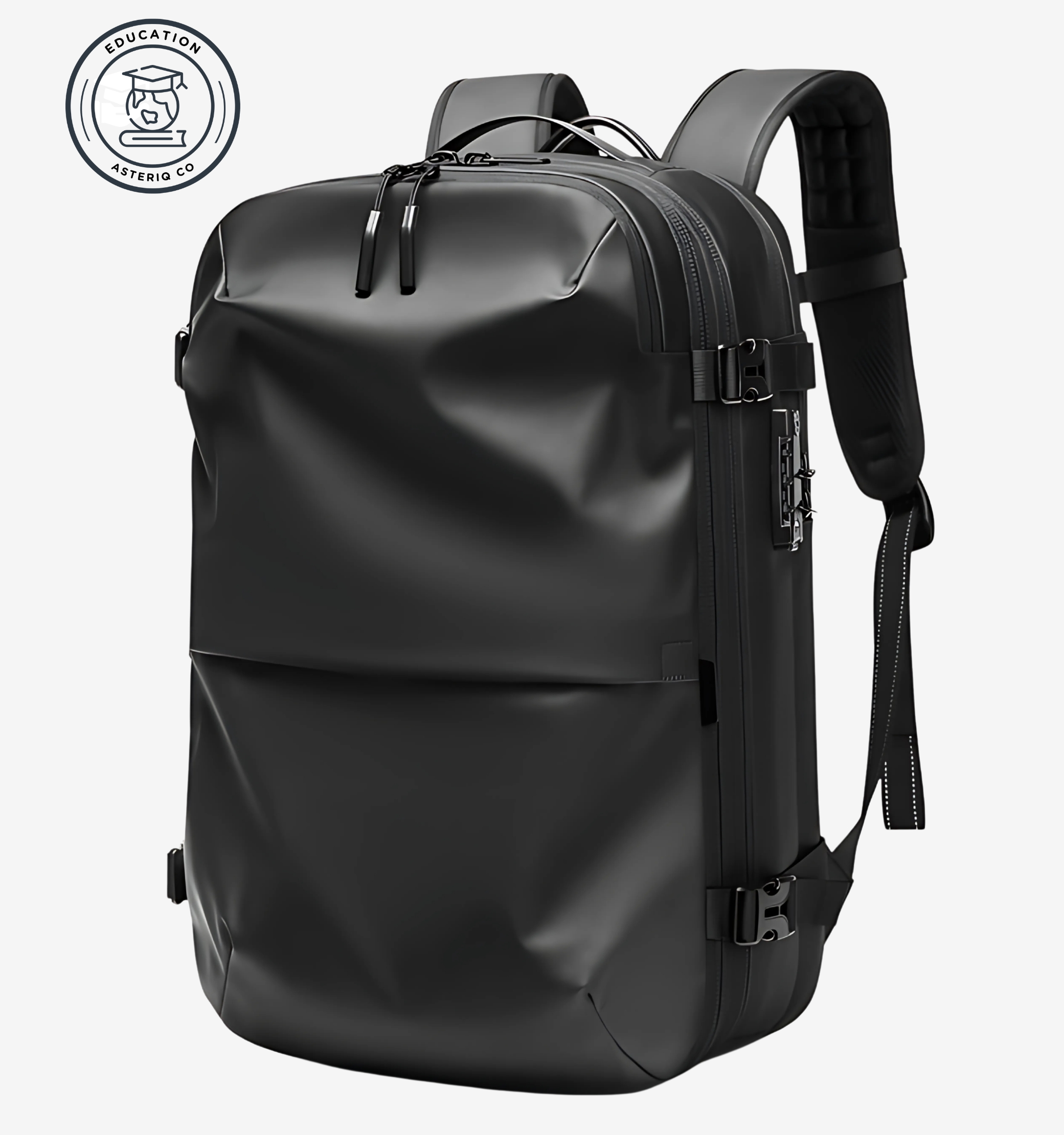 Astrava SE black backpack with vacuum compression system, water-resistant shell, TSA lock, USB port, and organized compartments for laptop and travel essentials.