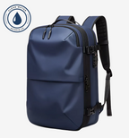 Astrava SE navy blue water-resistant backpack with vacuum compression system and TSA-approved lock.