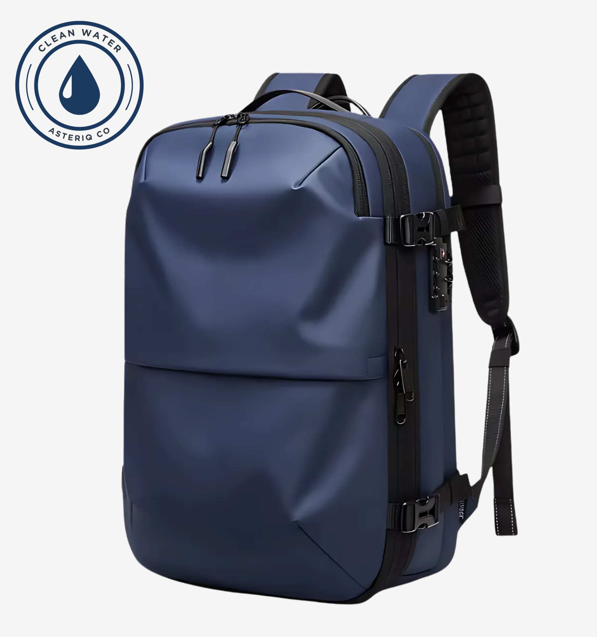 Astrava SE navy blue water-resistant backpack with vacuum compression system and TSA-approved lock.