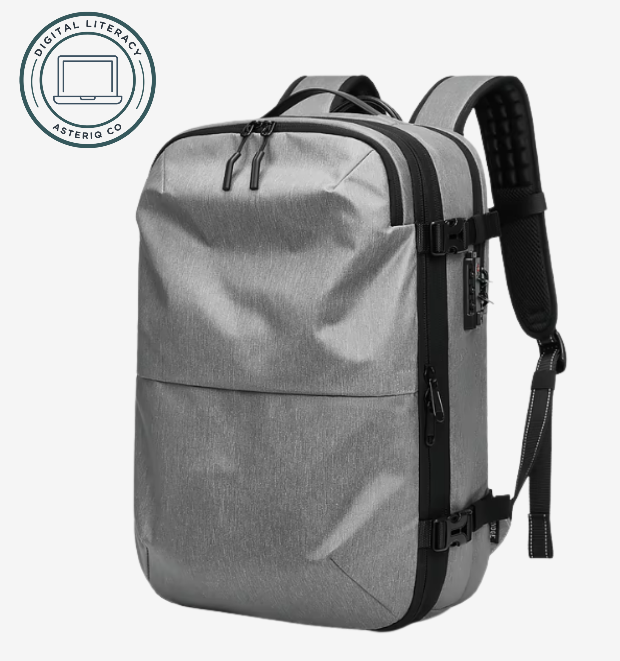 Astrava SE gray water-resistant backpack with vacuum compression system and TSA lock.