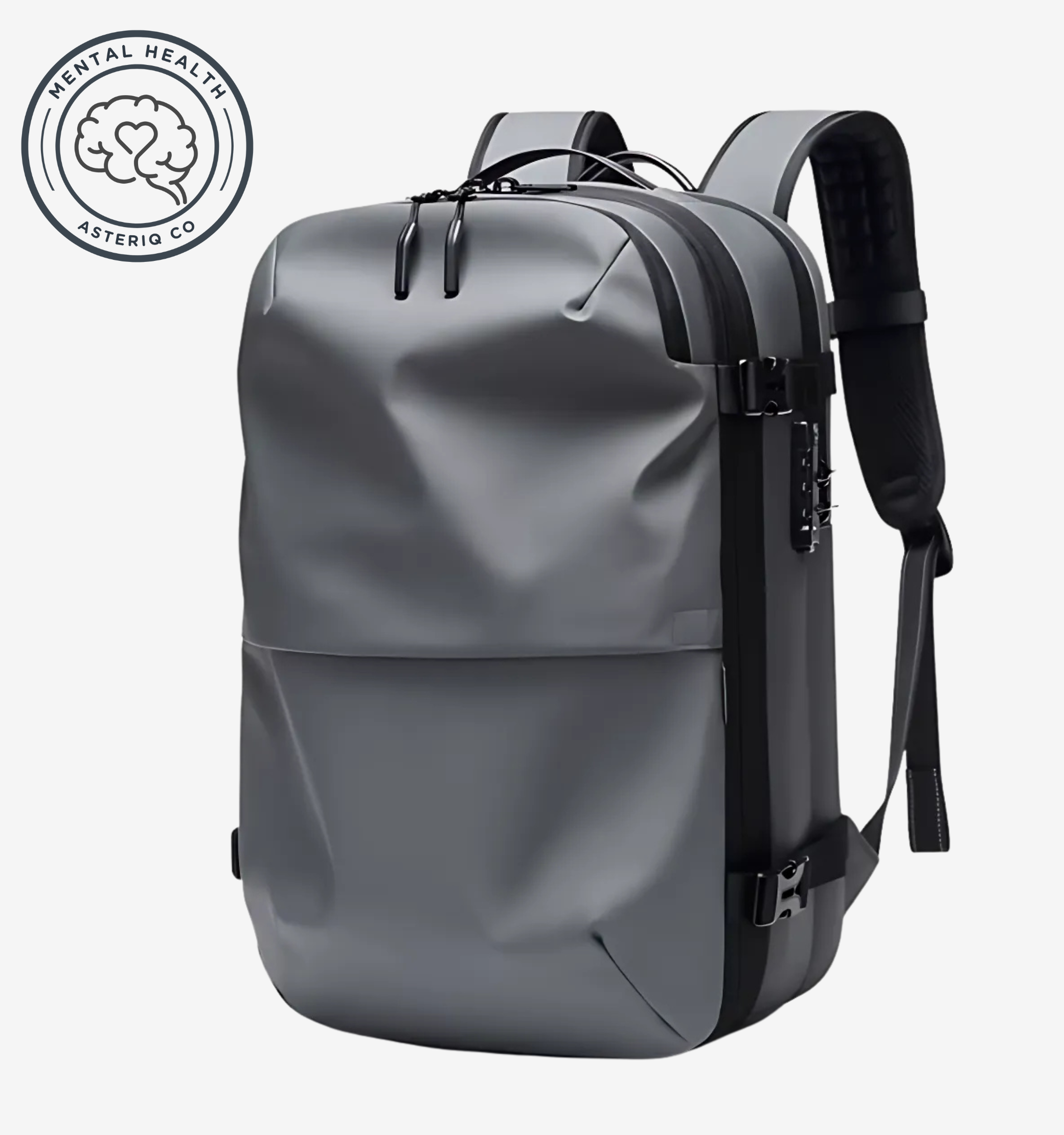 Astrava SE gray backpack with vacuum compression, water-resistant shell, TSA lock, and USB charging port.