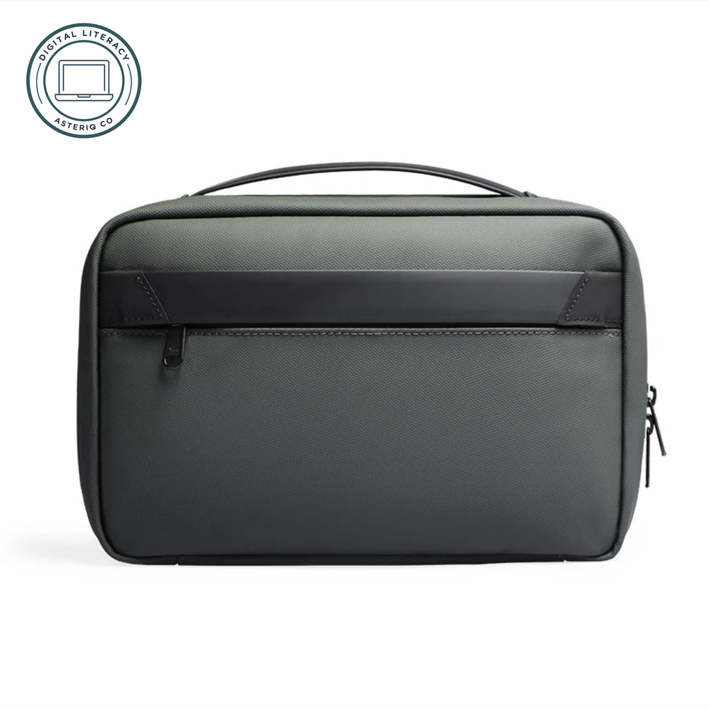Compact green toiletry bag with handle and front zipper pocket for organized travel essentials