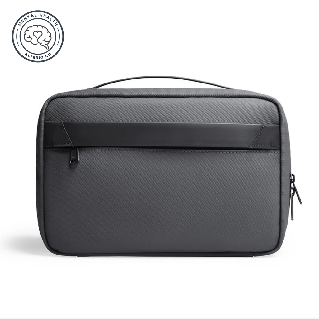 Compact gray toiletry bag with handle and zipper for organized travel essentials