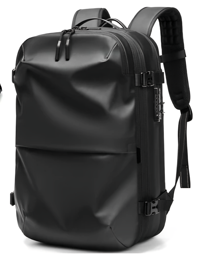 Black Astrava Backpack with slim, water-resistant design, compression system, TSA lock, and USB charging port.