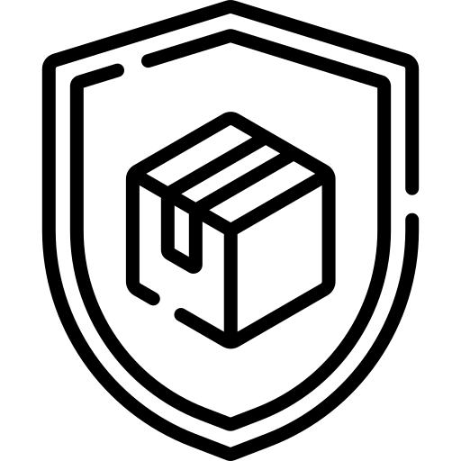 Black icon of a box on a shield with a white background